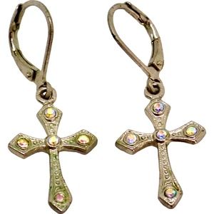 Silver Tone AURORA BOREALIS Drop Dangle Cross Leverback Earrings 2.20 grams